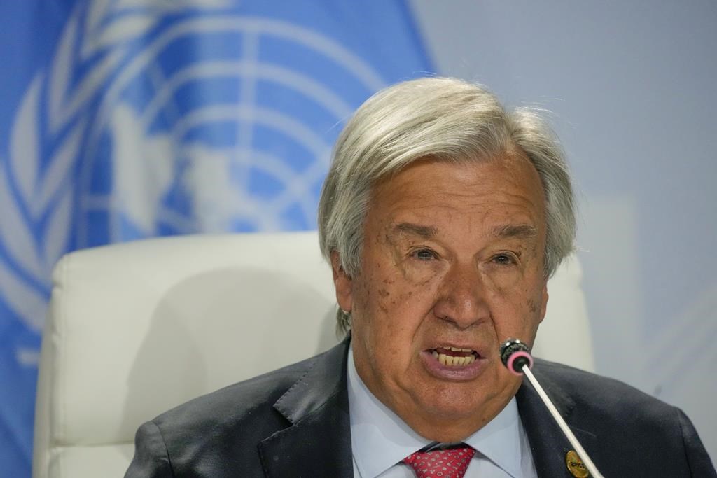 United Nations General Secretary António Guterres addresses a news conference during the BRICS summit in Johannesburg, South Africa, on Aug. 24, 2023.