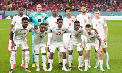 Canada players pose ahead of Group F World Cup soccer action against Belgium at Ahmad bin Ali Stadium in Al Rayyan, Qatar, on Wednesday, Nov. 23, 2022