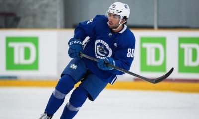 Vancouver Canucks forward Arshdeep Bains skates during the NHL hockey team's training camp in Whistler, B.C., Thursday, Sept. 22, 2022.