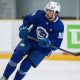 Vancouver Canucks forward Arshdeep Bains skates during the NHL hockey team's training camp in Whistler, B.C., Thursday, Sept. 22, 2022.