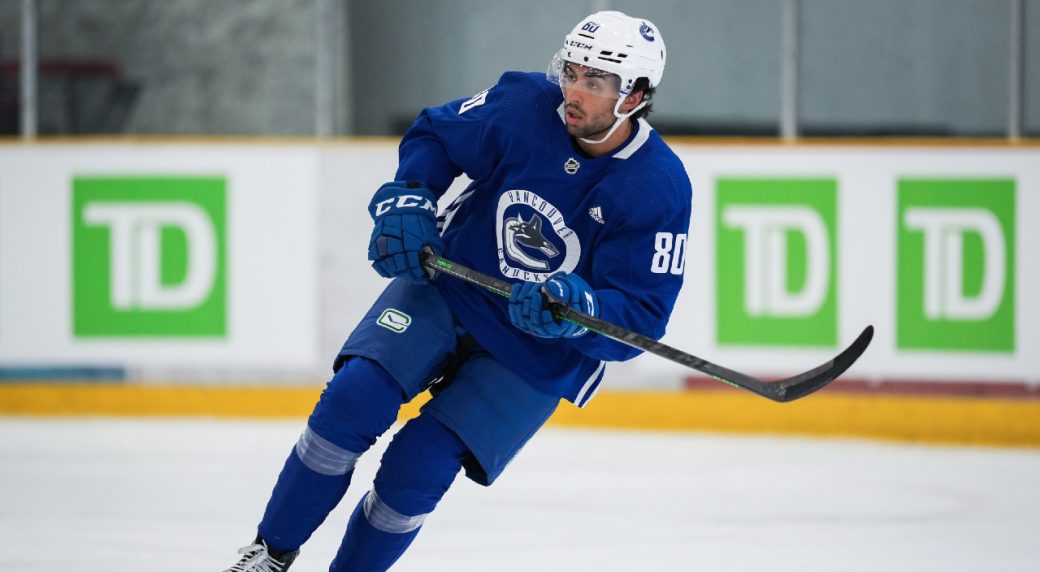 Vancouver Canucks forward Arshdeep Bains skates during the NHL hockey team's training camp in Whistler, B.C., Thursday, Sept. 22, 2022.