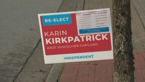 A campaign sign for Karen Kirkpatrick, the one-term MLA who had been a shadow critic for the BC United and ran in the Oct. 19, 2024, election as an Independent.