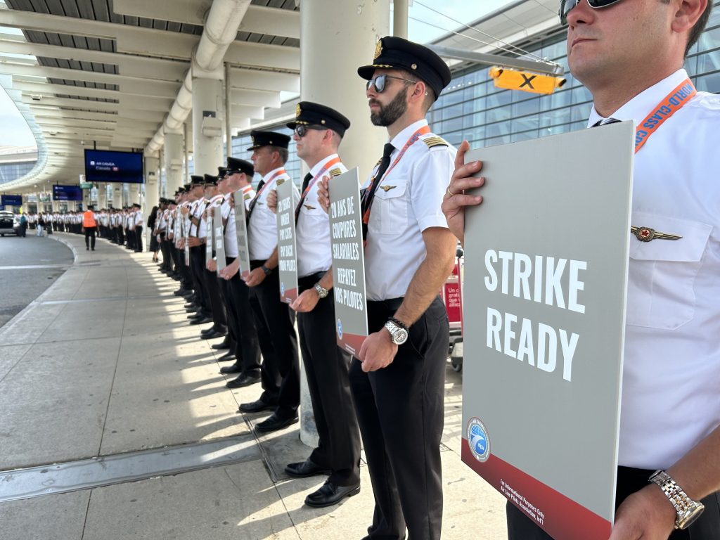 Air Canada pilots picket at Pearson International Airport in Toronto on Aug. 27, 2024