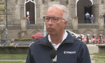 Conservative Party of BC Leader John Rustad speaks in Downtown Vancouver on Monday October 7, 2024