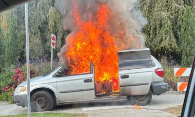 A van was seen on fire outside Vancouver City Hall Oct. 6, 2024. Vancouver Fire Rescue tells CityNews the fire appears to have been intentionally set.