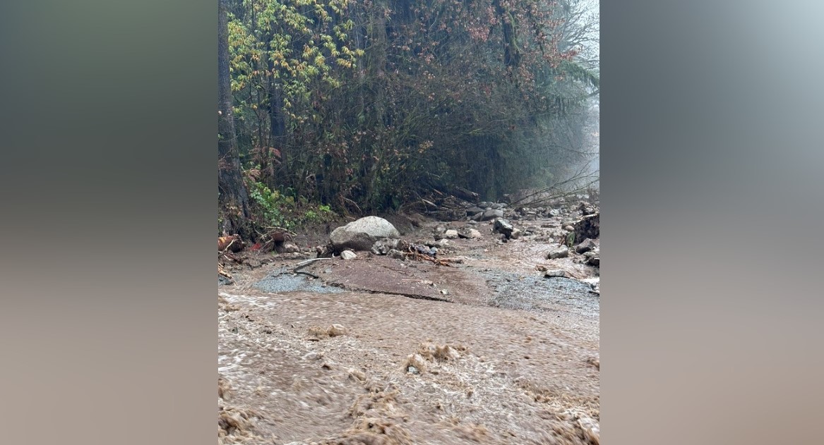 A mudslide across Quarry Road in Coquitlam on Oct. 19, 2024.