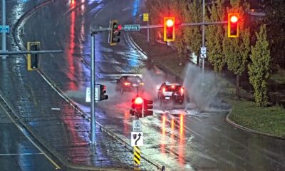 Water is shown pooling on the south side of the Kensington Ave overpass during an atmospheric river event Oct. 18, 2024.