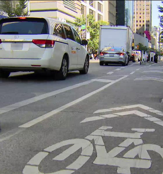 A designated cycling lane is seen on a busy street in downtown Toronto.