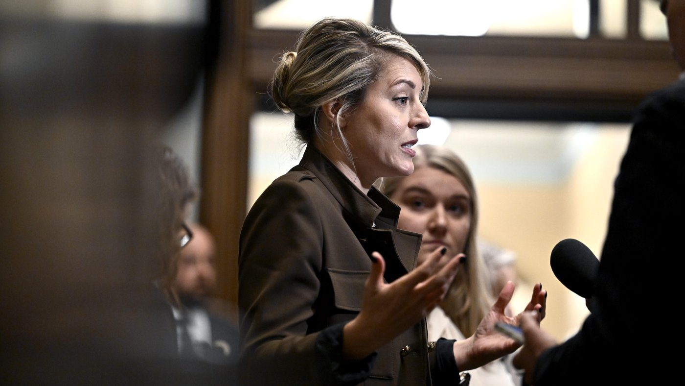 Minister of Foreign Affairs Mélanie Joly takes questions from reporters before a meeting of the Liberal caucus on Parliament Hill in Ottawa on Oct. 9, 2024