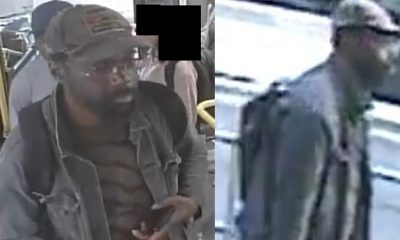 Surveillance images of a man wanted in connection with an investigation into an indecent act and sexual assault aboard a TTC bus