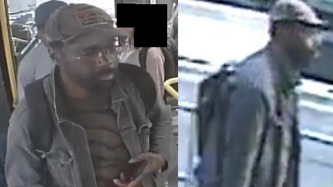 Surveillance images of a man wanted in connection with an investigation into an indecent act and sexual assault aboard a TTC bus