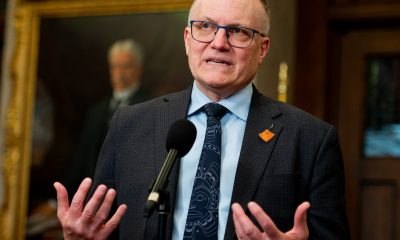 NDP House Leader Peter Julian speaks in the foyer of the House of Commons on Parliament Hill in Ottawa, on May 7, 2024