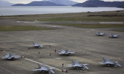 EA-18G Growlers, with some of San Juan Islands in the background, prepare for an exercise at Naval Air Station Whidbey Island, March 10, 2016.