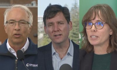 Photo collage of David Eby, Sonia Furstenau, and John Rustad speaking at podiums