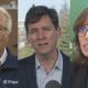 Photo collage of David Eby, Sonia Furstenau, and John Rustad speaking at podiums