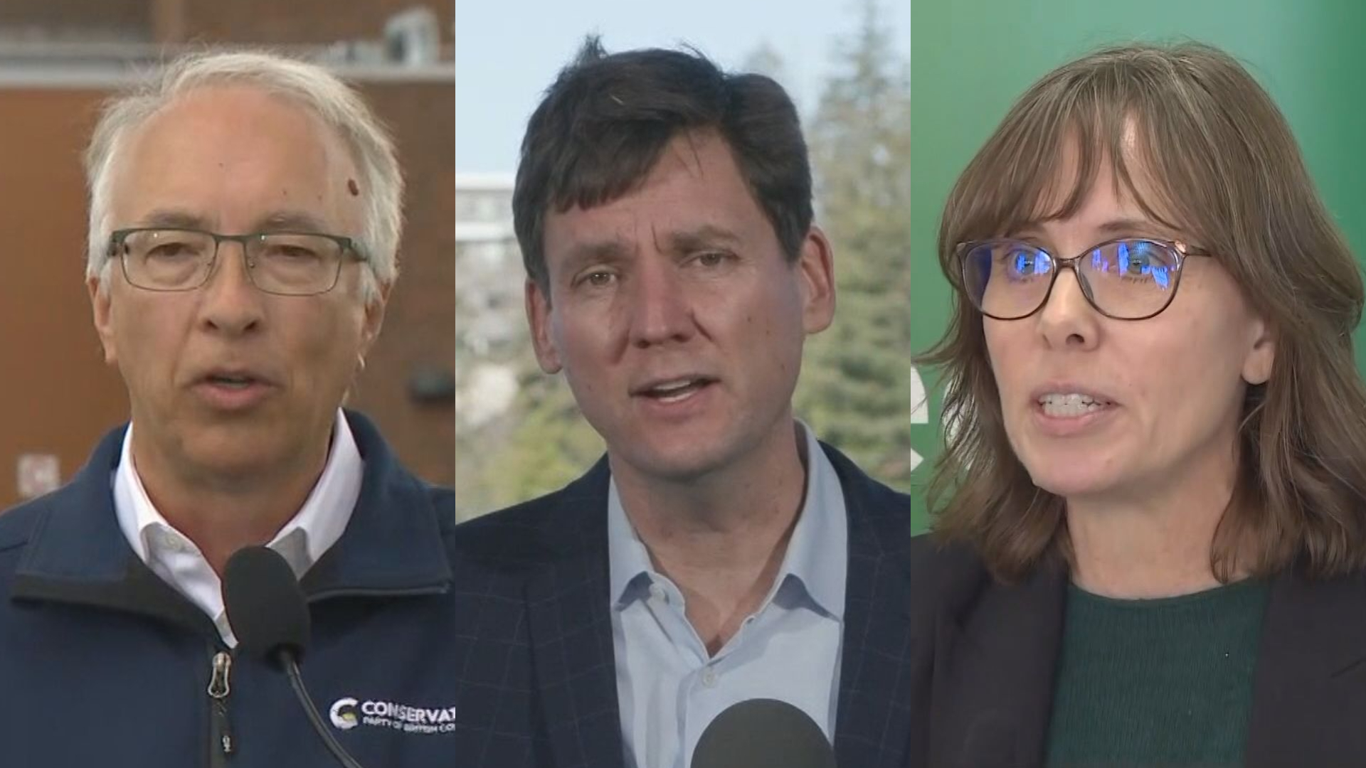 Photo collage of David Eby, Sonia Furstenau, and John Rustad speaking at podiums