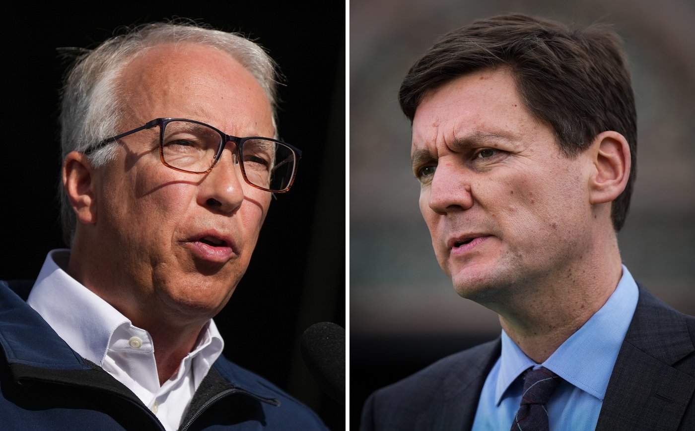 In this two-photograph panel; Conservative Leader John Rustad, left, speaks during a campaign stop in Abbotsford, and B.C. NDP Leader David Eby, right, speaks during a campaign stop in Langley, B.C., both on Saturday, September 28, 2024. THE CANADIAN PRESS/Darryl Dyck