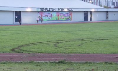 Damage is seen in the grass outside Templeton Park Pool in Vancouver on Sunday October 6, 2024.