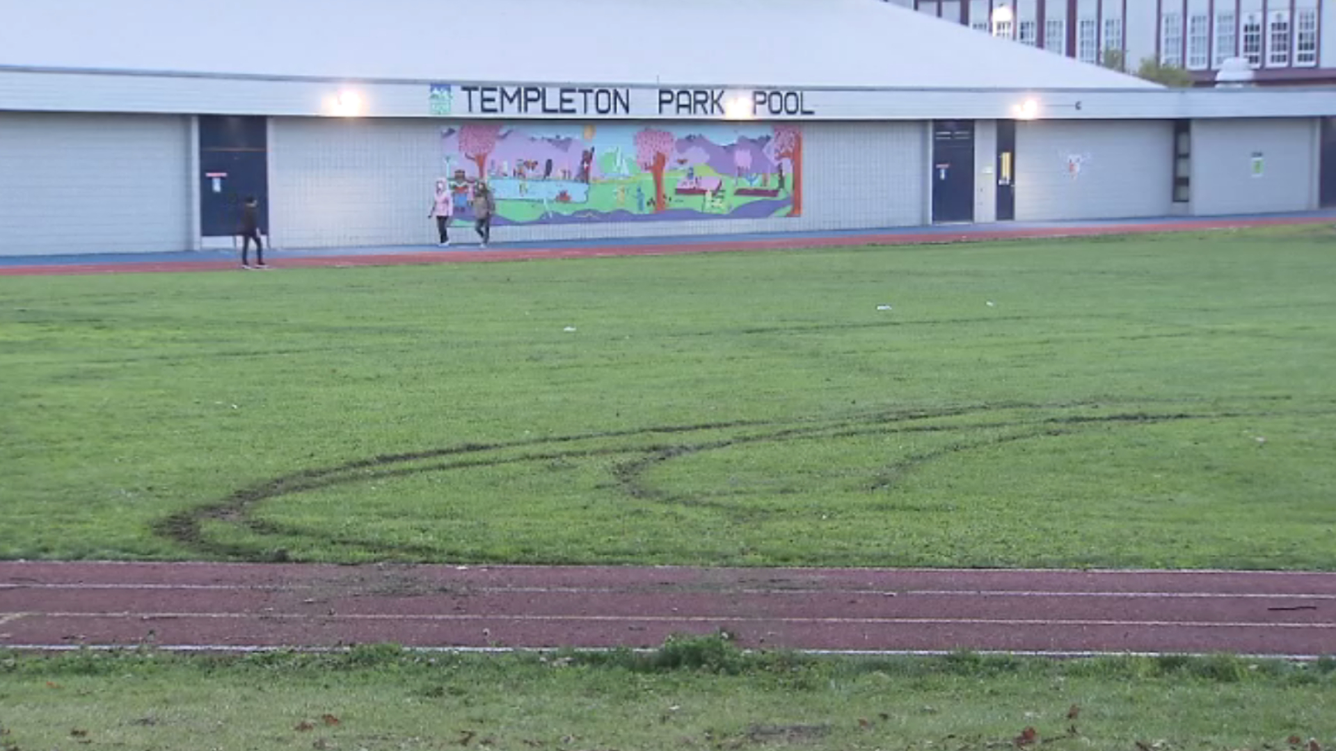 Damage is seen in the grass outside Templeton Park Pool in Vancouver on Sunday October 6, 2024.