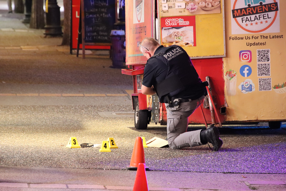 Police say they received multiple 911 calls Oct. 11, 2024, with callers reporting people had been stabbed on Columbia Street outside the SkyTrain station.