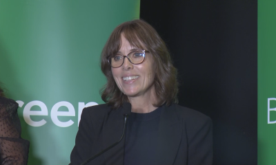 BC Green Party Leader Sonia Furstenau speaks in Vancouver on Wednesday October 9, 2024. Furstenau says a BC Greens government would support mayors from Vancouver Island who want to expand a transitional housing model called "The Village." (CityNews / Broadcast Pool Image)