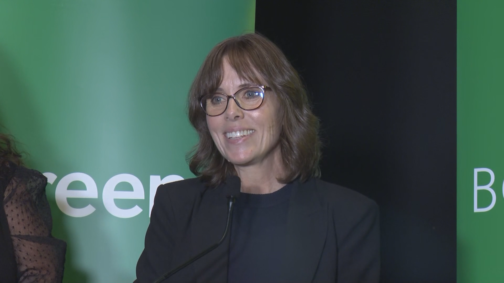 BC Green Party Leader Sonia Furstenau speaks in Vancouver on Wednesday October 9, 2024. Furstenau says a BC Greens government would support mayors from Vancouver Island who want to expand a transitional housing model called "The Village." (CityNews / Broadcast Pool Image)