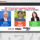 Graphic showing the faces of the leaders of the three main party leaders in B.C.: John Rustad, David Eby, and Sonia Furstenau