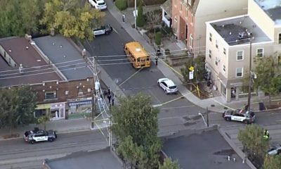 Aerial photo of a crash involving a bus and a pedestrian in the west end