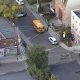 Aerial photo of a crash involving a bus and a pedestrian in the west end