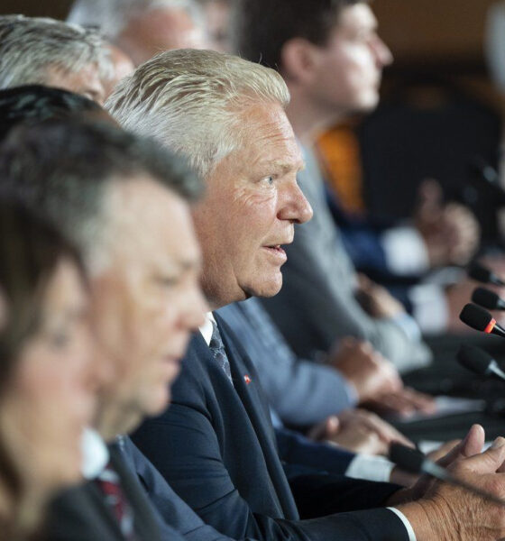 Ontario Premier Doug Ford speaks to reporters as Canada's premiers hold a press conference to close the Council of the Federation meetings in Halifax