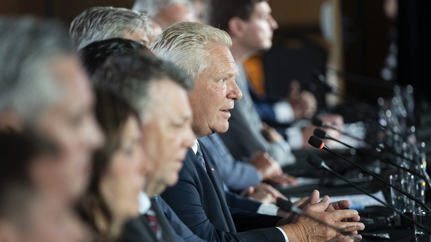 Ontario Premier Doug Ford speaks to reporters as Canada's premiers hold a press conference to close the Council of the Federation meetings in Halifax