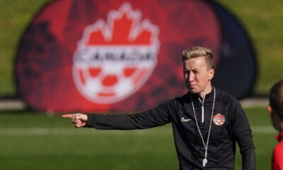 Canada coach Bev Priestman gestures during a training session ahead of the FIFA Women's World Cup