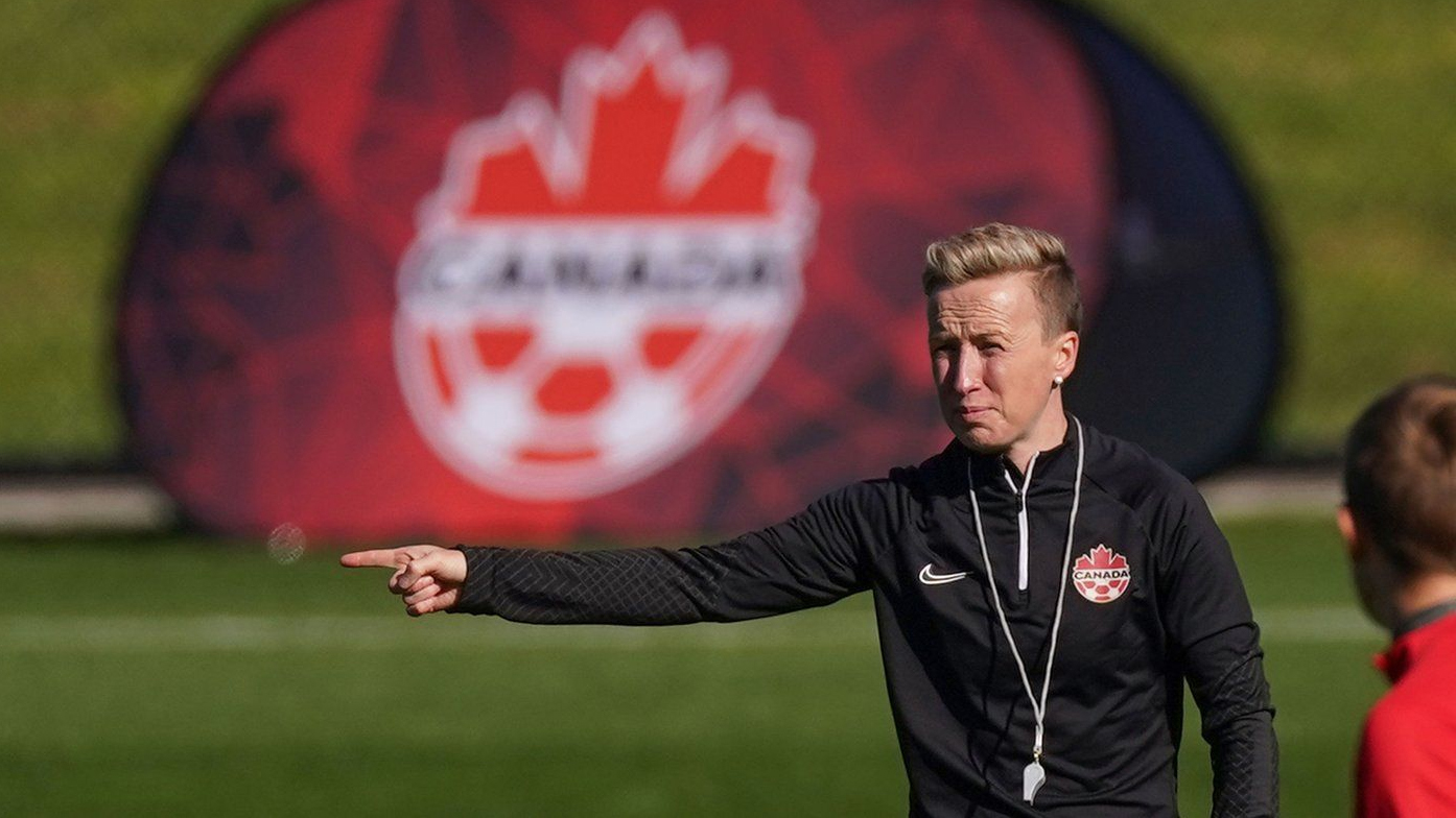 Canada coach Bev Priestman gestures during a training session ahead of the FIFA Women's World Cup