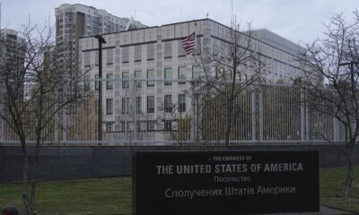 An American flag waves in front of the U.S. Embassy in Kyiv, Ukraine, on Nov. 20, 2024