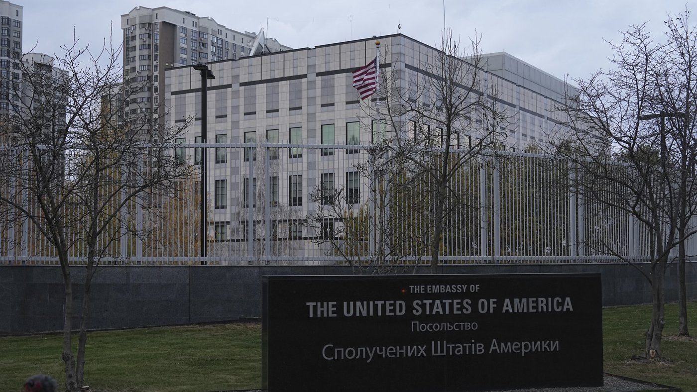 An American flag waves in front of the U.S. Embassy in Kyiv, Ukraine, on Nov. 20, 2024