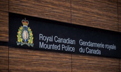 The RCMP logo is seen outside Royal Canadian Mounted Police "E"