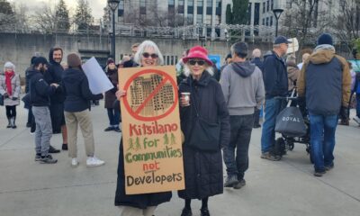 Demonstrators hoping to put a stop to the Broadway Plan rallied outside of Vancouver City Hall Saturday afternoon.