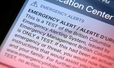 A photo of a phone screen displaying the Alert Ready test message in B.C.