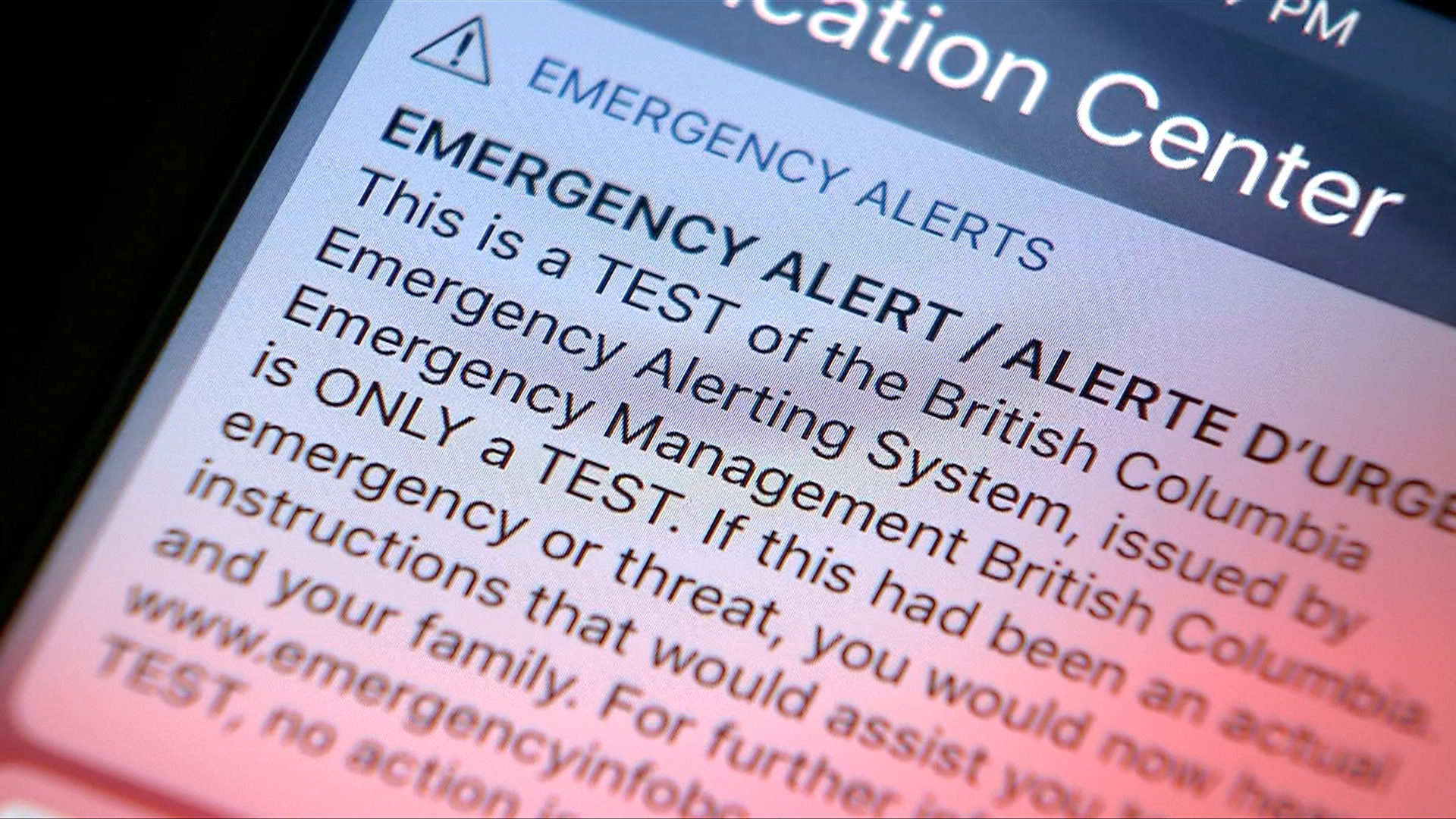 A photo of a phone screen displaying the Alert Ready test message in B.C.