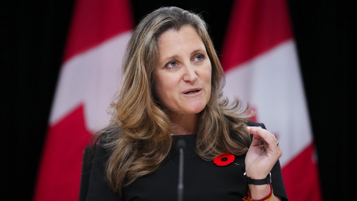 Deputy Prime Minister and Minister of Finance Chrystia Freeland holds a press conference in Ottawa on Nov. 6, 2024