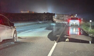 A rolled-over semi truck lies on the road. (Credit Ignacio Aguirre)