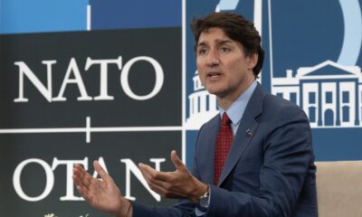 Prime Minister Justin Trudeau delivers remarks before meeting with New Zealand Prime Minister Christopher Luxon at the NATO summit in Washington, on July 10, 2024