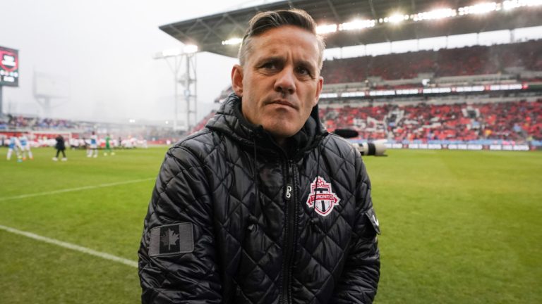 John Herdman stands on the touchline before MLS action in Toronto against Charlotte FC, on Saturday, March 9, 2024.