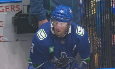 J.T. Miller sits on the bench in the Vancouver Canucks loss to the Nashville Predators in Game 2 Tuesday night. (Sportsnet Image)