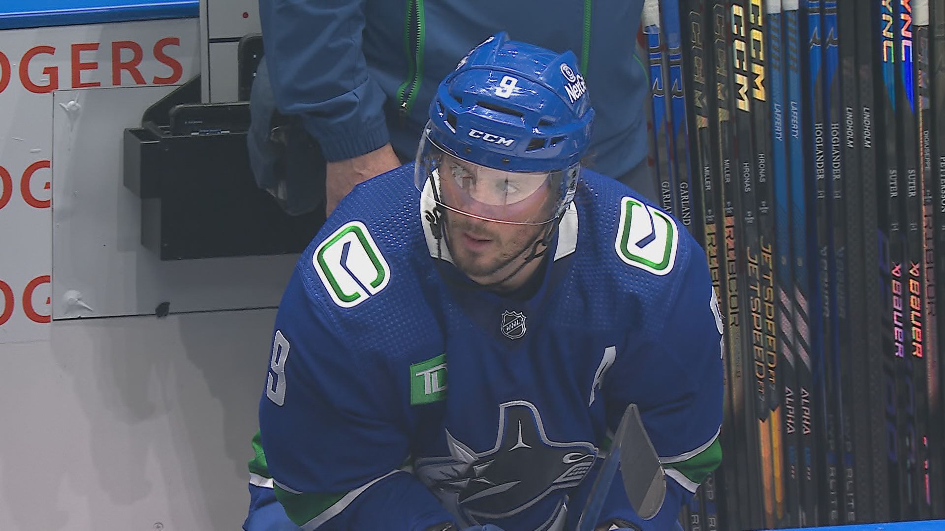 J.T. Miller sits on the bench in the Vancouver Canucks loss to the Nashville Predators in Game 2 Tuesday night. (Sportsnet Image)