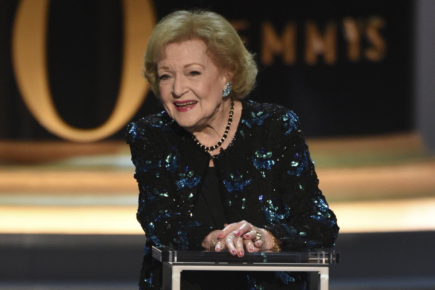 Betty White speaks on stage at the 70th Primetime Emmy Awards