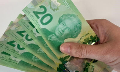 Canadian $20 bills are pictured