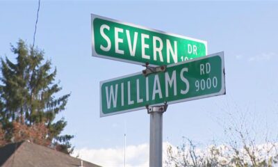 An intersection sign is seen listing Severn Road at Willians Road in Richmond, B.C.