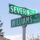 An intersection sign is seen listing Severn Road at Willians Road in Richmond, B.C.