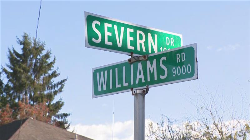 An intersection sign is seen listing Severn Road at Willians Road in Richmond, B.C.